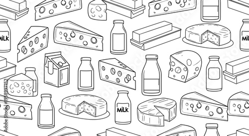 A minimalist vector illustration of various dairy products and milk bottles in a simple line art style