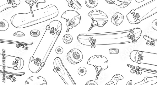 A detailed illustration of various skateboard parts and tools in a minimalist line art style