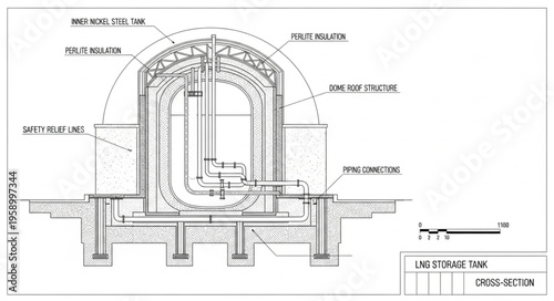 Black and White Cross-Section Technical Vector of LNG Full Containment Storage Tank