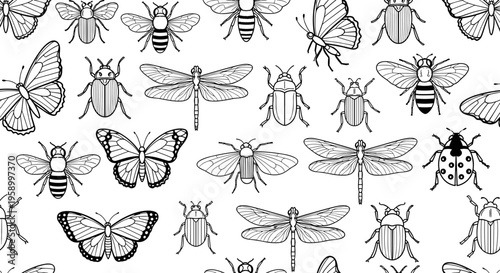 A black and white vector illustration of various insects including bees, butterflies, and flies.