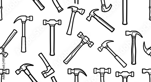 A minimalist vector graphic illustration of various hammers on a white background