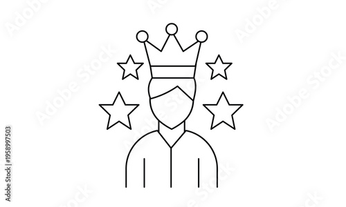 King character with crown and stars symbol for premium quality leadership and luxury success icon.Editable stroke, Vector illustration, Line art Icon, Symbols.
