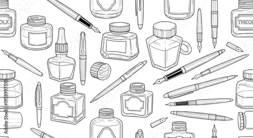 A collection of writing instruments and inkwells in a minimalist line art style