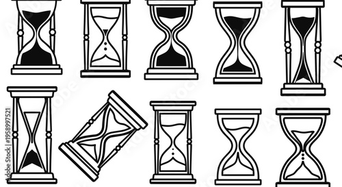 A set of black and white hourglass icons in various orientations and designs