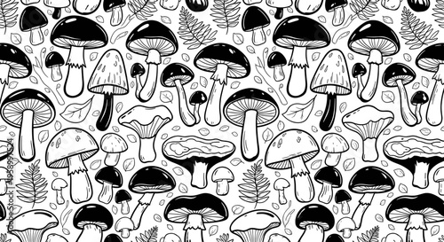 A seamless pattern of black and white mushrooms and plants in a whimsical illustration style
