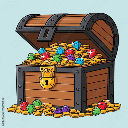 Cartoon treasure chest overflowing with gold coins and sparkling colorful gems on blue background