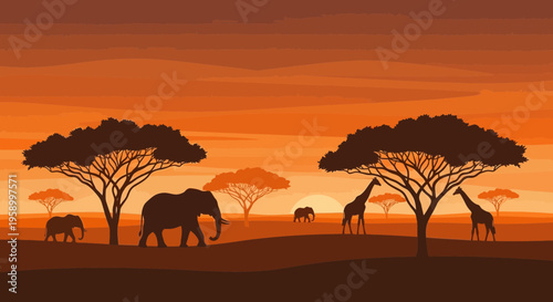 African Savannah Sunset Silhouette: Elephants and Giraffes Amidst Acacia Trees