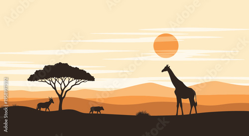 African Savannah Sunset Silhouette: Giraffe, Antelope, and Acacia Tree