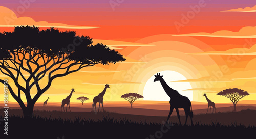 African Savannah Sunset Silhouette with Giraffes and Acacia Trees