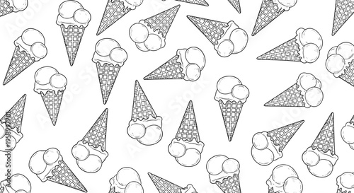 A seamless pattern of ice cream cones and scoops in a minimalist line art style