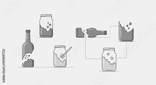 Broken Glass Bottle and Jars with Crushed Ice, Recycling Concept