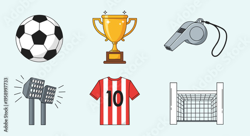 A vector graphic illustration of various soccer icons and equipment on a light blue background