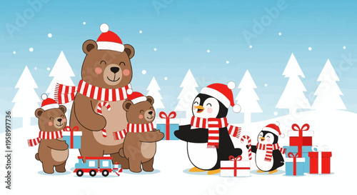 Christmas Bears and Penguins Celebrating Holidays with Gifts in Snowy Landscape