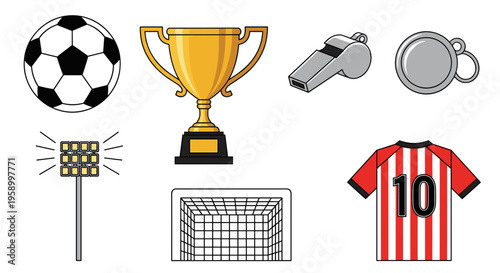 A colorful vector graphic illustration of various soccer symbols and equipment on a white background