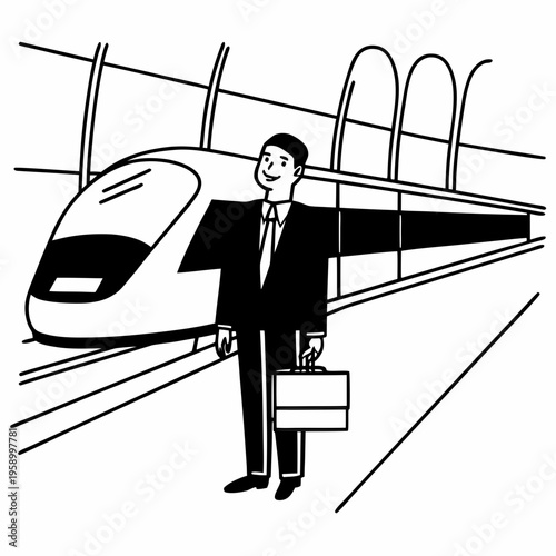 Professional businessman with suitcase standing on station platform waiting for high speed modern train for corporate business travel.