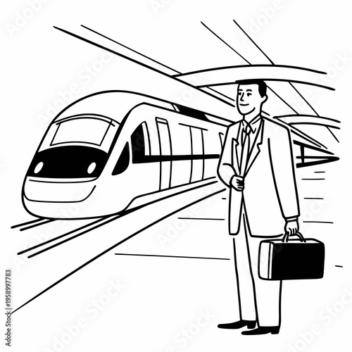 Professional businessman with suitcase standing on station platform waiting for high speed modern train for corporate business travel.
