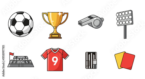 A colorful vector graphic illustration of various soccer icons and symbols on a white background