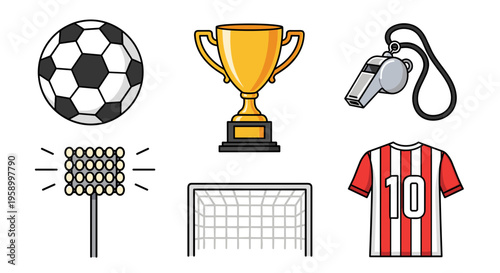 A set of soccer icons including a ball, trophy, whistle, referee flag, goal, and jersey