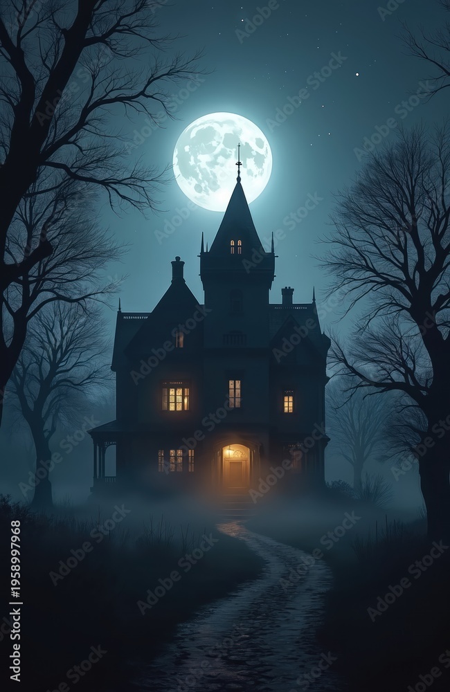 Fototapeta premium Creepy mansion with glowing windows stands under bright full moon. Foggy night surrounds desolate path leading to spooky house. Bare trees frame dark, eerie scene.