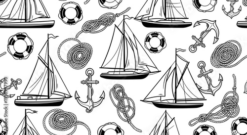 A nautical themed vector graphic illustration featuring sailboats, anchors, and other marine symbols in a flat design style.