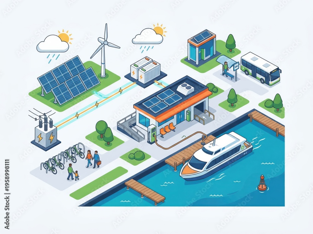 Obraz premium Innovative urban landscape of renewable energy solutions showcasing solar panels, wind turbines, electric vehicles, and sustainable transportation options for a greener future