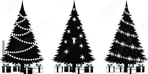 Christmas Tree Silhouettes Set Featuring Decorated Evergreen Pines With Ornaments Stars Lights and Gift Boxes Isolated on White Background for Holiday Graphic Design Projects