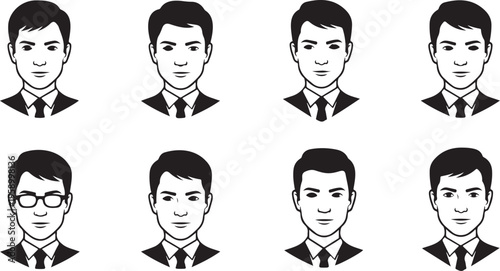Business man icon sets.Black and white silhouette icons of a man in business attire, representing generic user profiles or professional figures.