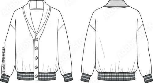 Black cardigan sweater technical sketch with shawl collar and button down front view back view set isolated on white background for apparel mockup design