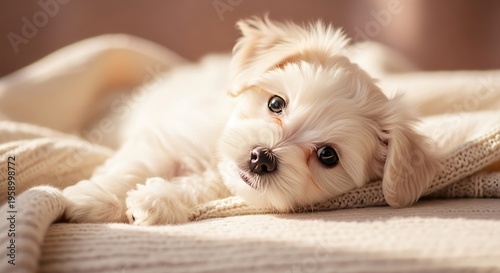 Adorable maltese puppy relaxing on a soft blanket in warm sunlight