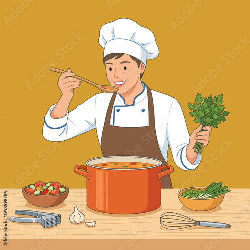 This vibrant image illustrates a skilled chef tasting a flavorful soup while preparing ingredients, symbolizing creativity, freshness, and passion in culinary arts.