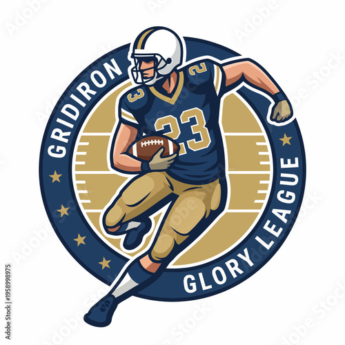 An energetic football player running with a football, showcasing athleticism and teamwork, set within a circular emblem representing the Gridiron Glory League.
