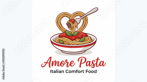 This delightful illustration showcases a bowl of Italian pasta in a heart shape, signifying love for food and culinary comfort. Ideal for restaurants and food blogs.