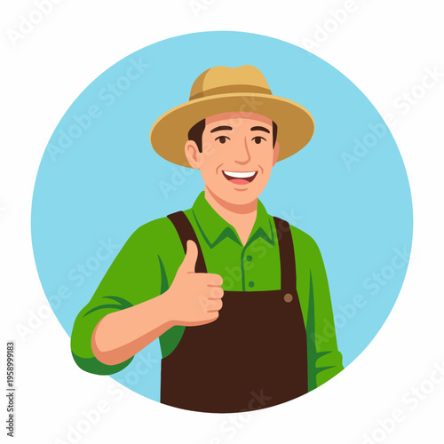 A cheerful farmer character wearing a straw hat and overalls gives a thumbs up, promoting agriculture, positivity, and the farming lifestyle. Great for educational materials.
