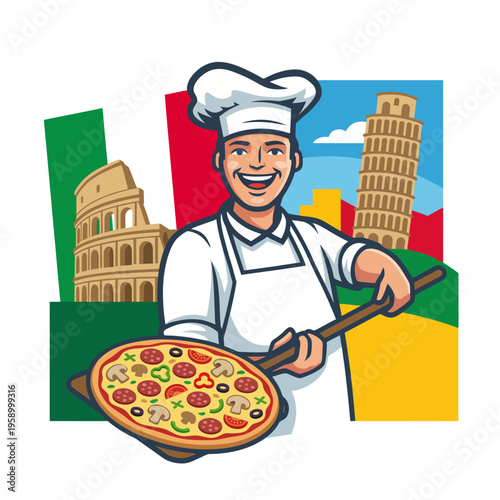 An enthusiastic Italian chef proudly presenting a pizza against iconic landmarks, showcasing the essence of Italian cuisine and culture in a colorful, inviting atmosphere.