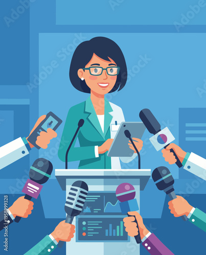 A confident journalist addressing the media with microphones surrounding her, symbolizing the power of communication and journalism in a digitally connected world of information.