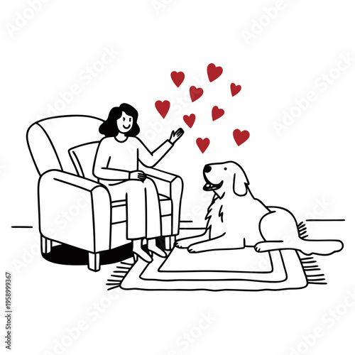 Happy woman sits in a soft armchair petting her loyal golden retriever dog surrounded by floating red heart icons in a warm home setting.
