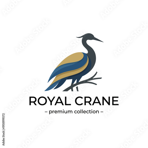 A refined logo design featuring a gracefully posed crane in decorative colors, representing elegance, beauty, and sophistication for a premium collection brand.