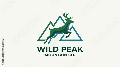 An eye-catching logo design featuring a leaping deer against a backdrop of mountains, reflecting adventure, nature, and the thrill of outdoor exploring for a mountain company.