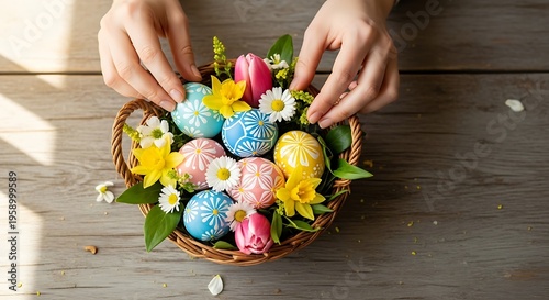 Decorated easter eggs and flowers in a woven basket on wooden surface