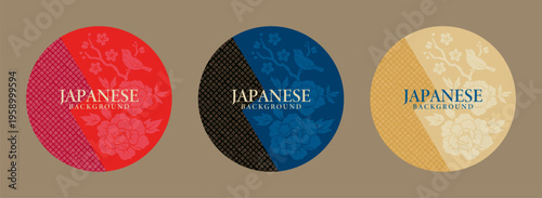 Vintage circle background frame set with classic japanese geometric and floral pattern.