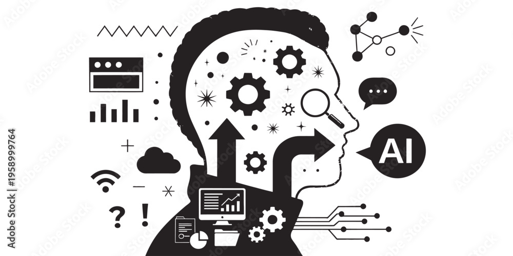 Obraz premium A black and white vector graphic illustration of a human head filled with gears and symbols representing artificial intelligence and technology concepts