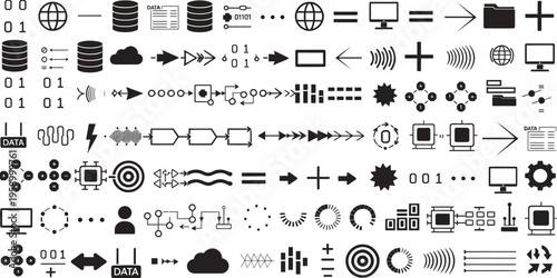 A collection of black and white vector icons depicting various digital and data-related symbols on a transparent background