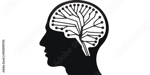 A black silhouette of a human head with a circuit board design inside the brain representing artificial intelligence and neural networks