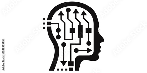 A black silhouette of a human head with circuit board and electronic components inside representing artificial intelligence and technology