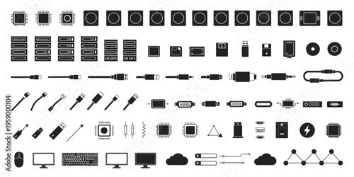 A collection of various electronic device and technology icons in a flat minimal design style