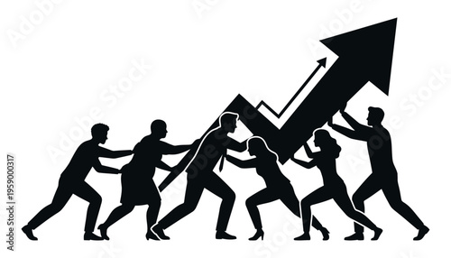 Silhouette of diverse group of people pushing and pulling a large upward trending graph with an arrow