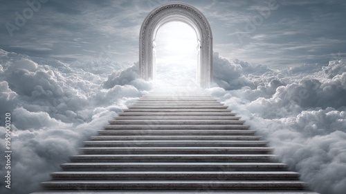 Majestic Stairway Leading to a Bright Cloudy Sanctuary Gate
