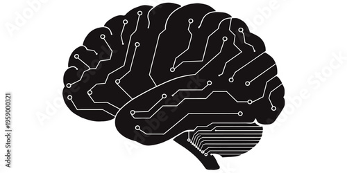 A black and white vector graphic illustration of a human brain with circuit board lines and a transparent background