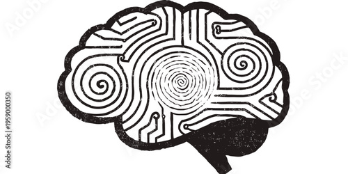 A black and white vector illustration of a brain with a maze like circuit board design on a white background
