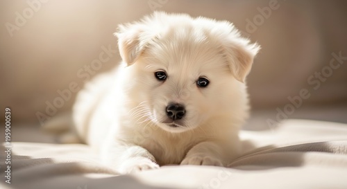 Adorable white puppy lying down focused eyes soft lighting cute pet portrait